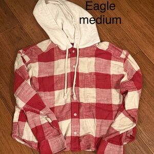American Eagle Red and White Plaid Hoodie Shirt